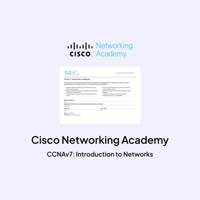 Cisco Networking Academy: CCNAv7 Introduction to Network Certificate